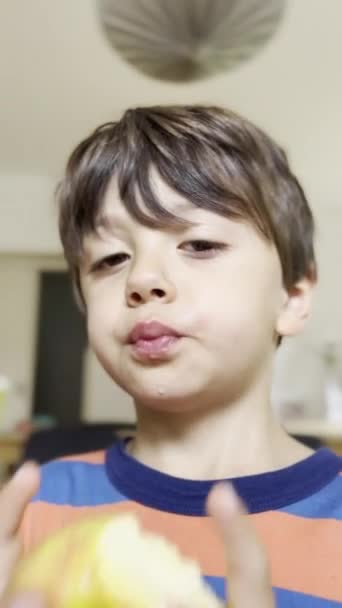 アフタヌーン ディライト 家でAppleをスナックする少年 — ストック動画