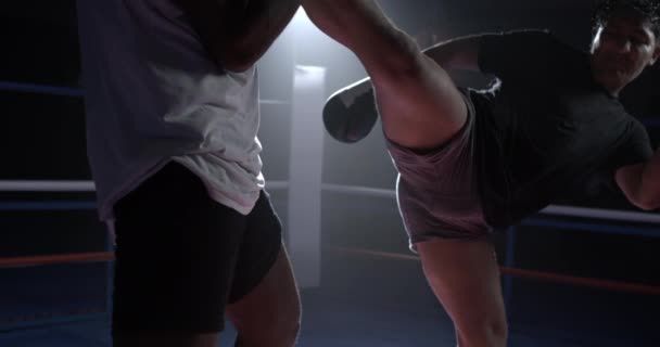 Spotlit Muay Thai Duel 800 Кадрів Ноги Винищувача Боксерському Кільці — стокове відео