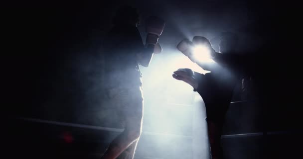 ムエタイの戦闘機は 劇的な照明で800 Fpsでスーパースローモーションで相手にキックを打つ ボクシングリング内の反対者 — ストック動画