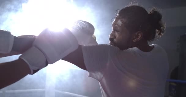 Boxing Ring Showdown Drámai Fény Alatt Ember 800 Fps Lassított — Stock videók