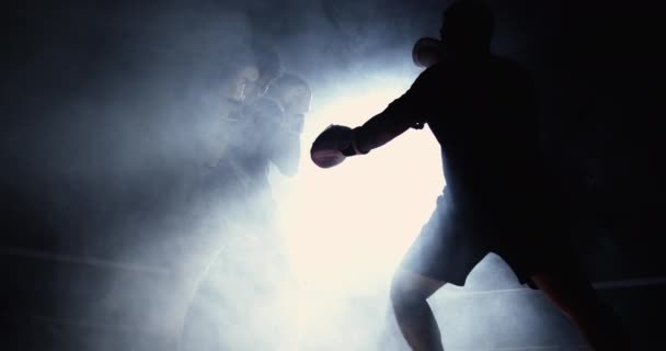 Истребитель Посылает Удар Противнику Внутри Боксерского Ринга Драматически Освещенный Захваченный — стоковое видео
