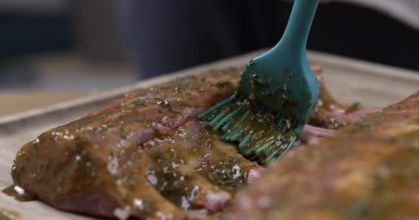 Préparation Barbecue Gros Plan Viande Recouverte Sauce Tartiner — Video