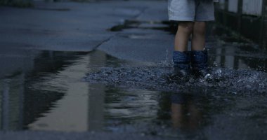Su birikintisine atlayan çocuk süper yavaş çekimde yağmur botlarıyla 800 fps hızla her yere sıçrıyor.
