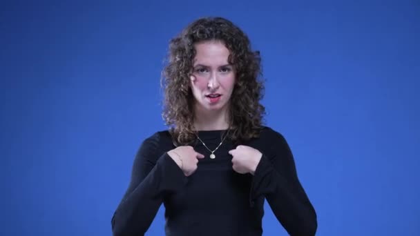 Woman Pointing Herself Disbelief Feeling Confused Standing Blue Background Confounded — Stock Video