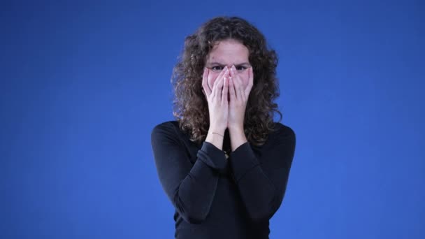 Anxious Woman Panic Mode Pulling Hair Fidgeting Body Language Standing — Stock Video