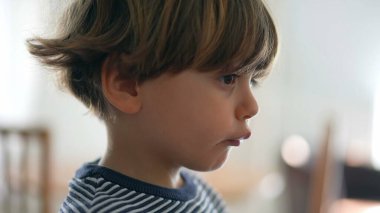 Çocuk ağzı açık yemek çiğniyor, küçük çocuğun yakın plan yüzü çiğniyor, yoğun konsantrasyonda mastikasyon kozalağı yiyor.