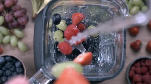Vista Dall Alto Versare Acqua Aggiungere Frutta Nel Frullatore Bacche — Video Stock