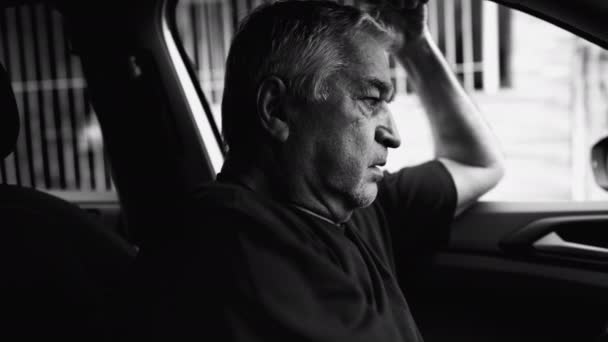 Ηλικιωμένος Άνθρωπος Που Υποφέρει Συναισθηματικό Πόνο Στο Αυτοκίνητο Δραματικά Μοναχικά — Αρχείο Βίντεο