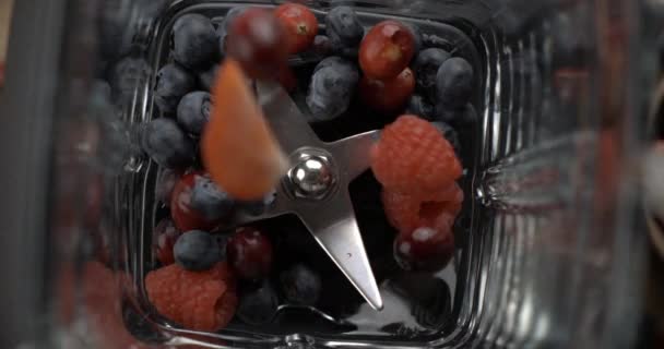 Adding Berries Blender Water Super Slow Motion 800 Fps Blueberries — Stock Video