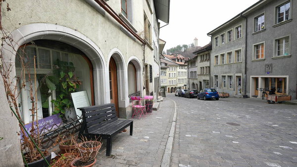 Fribourg, Switzerland Circa March 2022 - Historic Allure Traditional Old European City Street, Swiss Town Beauty