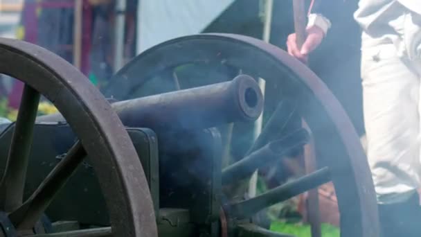 Ancient Warfare Troops Igniting Antique Cannon Historic Display — Stock Video