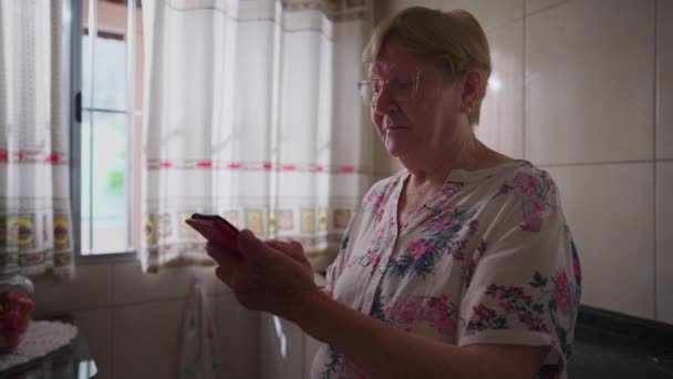 老年家庭生活方式的老年妇女手持智能手机装置在厨房的窗口 80多岁的老年人使用科技 — 图库视频影像