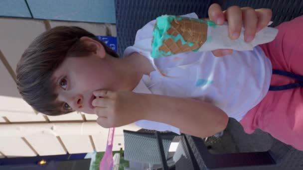 Little Boy Enjoys Vibrant Ice Cream Waffle Cone Sunny Day — Stock Video