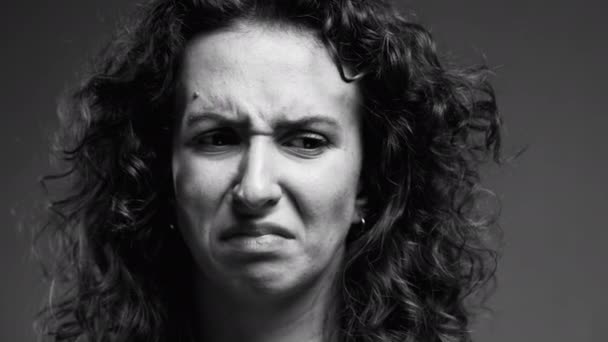 Female Expressing Extreme Aversion Disgusted Reaction Portrait Black White Monochromatic — Stock Video