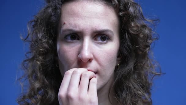 Nervous Woman Biting Nails Feeling Hesitant Close Face Female Person — Stock Video