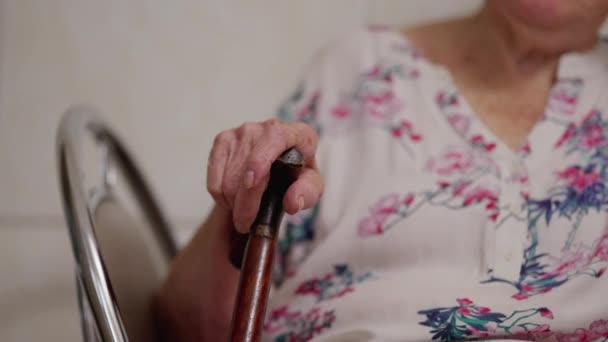 Κοντινό Πλάνο Των Ηλικιωμένων Γυναικών Χέρια Κρατώντας Μπαστούνι Σκηνή Απεικόνιση — Αρχείο Βίντεο
