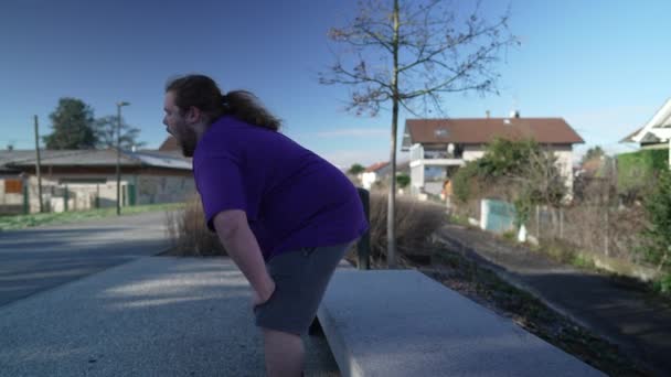 Man Having Back Pain One Overweight Person Getting Park Bench — Stock Video