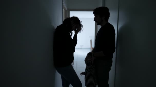 Wife Suffering Mental Illness Standing Dark Hallway Husband Embracing Woman — Stock video