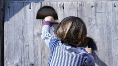 Küçük çocuk dengeyi korumak için oyun alanına tırmanıyor. Çocuk tahta merdivene çıkıyor.