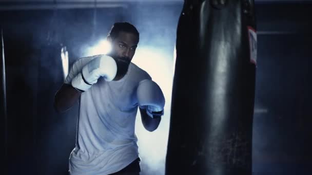 Joven Luchador Negro Entrenando Por Saco Boxeo Escena Dramáticamente Iluminada — Vídeos de Stock