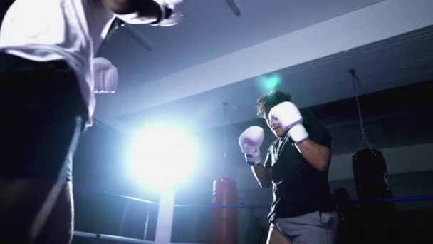 Muay Thai Luchador Defendiéndose Las Patadas Golpes Del Oponente Dentro — Vídeos de Stock