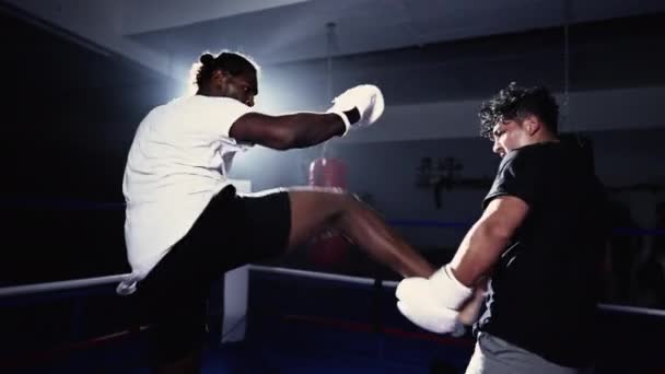 Bojovníci Kopající Mlátící Uvnitř Boxerského Ringu Tréninkový Zápas Mezi Dvěma — Stock video
