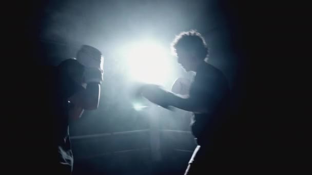 Dramático Backlit Boxing Ring Battle Com Pontapés Socos Entre Dois — Vídeo de Stock