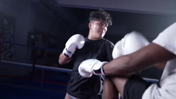 Bojovníci Konfrontace Boxerském Ringu Dramatickým Bojem Výměnou Kopů Úderů Během — Stock video
