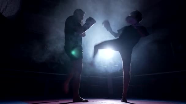 两名拳击手在拳击台内部以戏剧性的背光互相争斗 反对派在激烈的战斗训练中相互拳打脚踢 — 图库视频影像