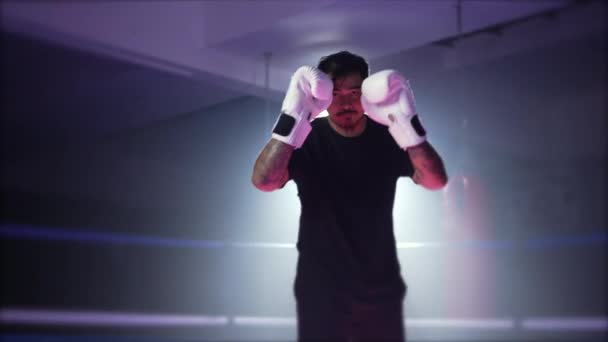 Lutador Dentro Ringue Boxe Com Luvas Olhando Para Câmera Como — Vídeo de Stock