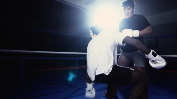 拳击手从地板上站起来 用手套互相接触 开始在拳击场内与对手打斗训练 — 图库视频影像