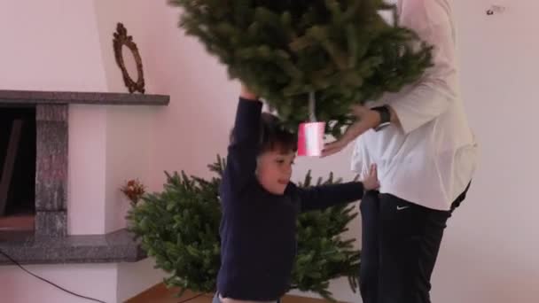 Mother Child Installing Christmas Tree Holiday Season Living Room Fireplace — Stock Video
