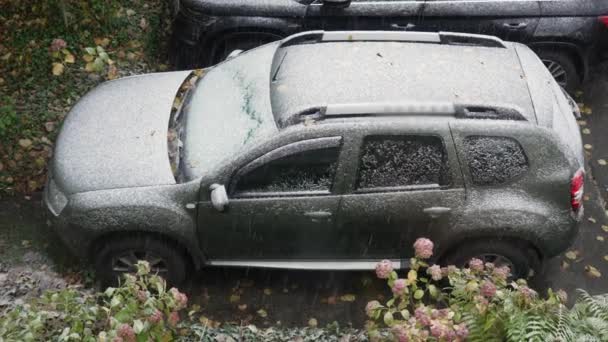 冬季の駐車場に駐車された車の上に降る雪 上から雪で覆われたSuv車両 — ストック動画