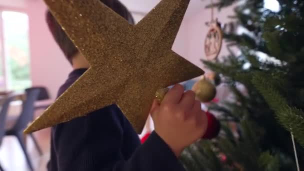 Child Holding Star Eagerly Waiting Put Top Christmas Tree Winter — Stock Video