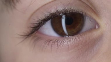 Makro çekimde kameraya bakarken çocuk gözü yakalanmış. Göz retinası, yakın plan.