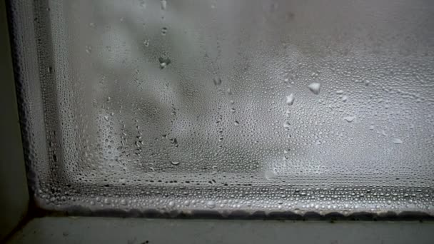 寒天時のガラスの凝縮 ウィンドウ内のマクロクローズアップにおけるドロップレットの冬季表示 — ストック動画