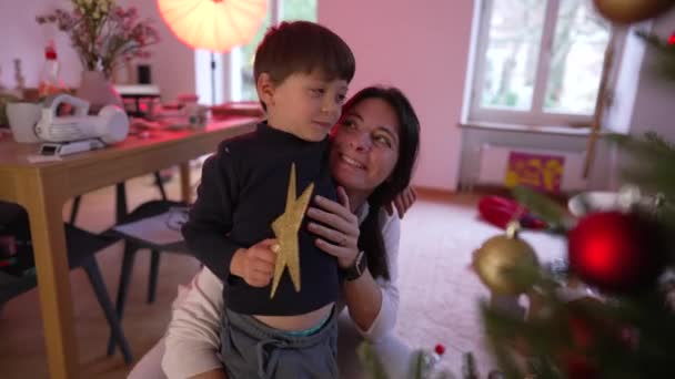 Child Kissing Mother Cheek Togetherness Scene Mom Son Christmas Season — Stock Video