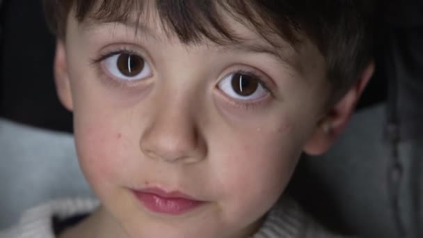 매크로 렌즈로 카메라를 아이의 소년의 초상화 — 비디오