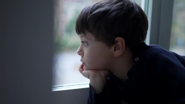 Pençe Divan Duran Düşünceli Bir Çocuk Evinin Penceresinden Bakıyor Düşünceli — Stok video