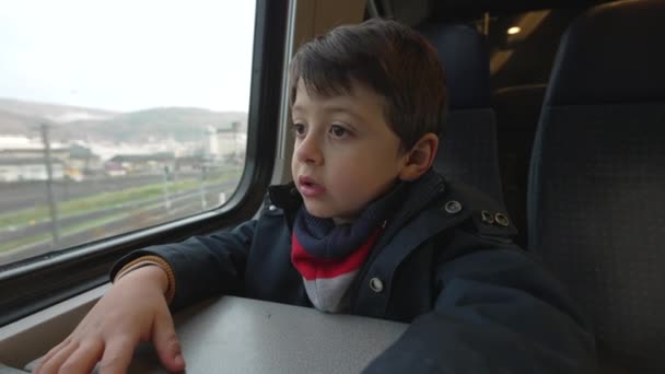 沉思的孩子乘火车经过 看着风景 陷入沉思的小男孩带着关心的表情 穿着围巾和夹克 — 图库视频影像