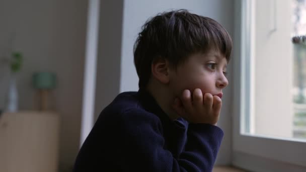 Yansıyan Küçük Çocuk Ele Tutuşmuş Hayal Kuruyor Daire Penceresinin Önünde — Stok video