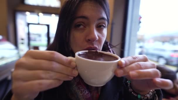 Kafede Arka Planda Şehre Bakan Sıcak Çikolatayı Seven Bir Kadın — Stok video