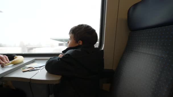 后面的小男孩坐火车旅行的高速交通 穿着夹克看风景的孩子走过 — 图库视频影像