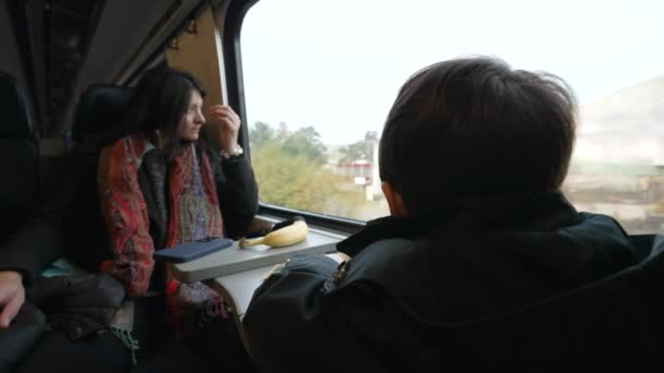 Anne Çocuk Trenle Seyahat Ediyor Küçük Çocuk Atkı Ceket Giyerek — Stok video
