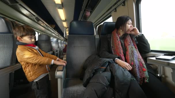 Moment Paisible Mère Enfant Voyageant Train Ensemble Regardant Passer Paysage — Video