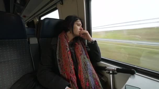 Femme Pensive Voyageant Train Regardant Paysage Passer Intérieur Des Transports — Video