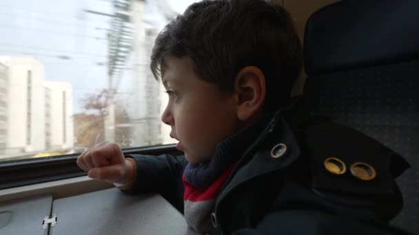Mały Chłopiec Podróżujący Pociągiem Patrząc Przejeżdżający Tle Krajobraz Dziecko Podróżnik — Wideo stockowe