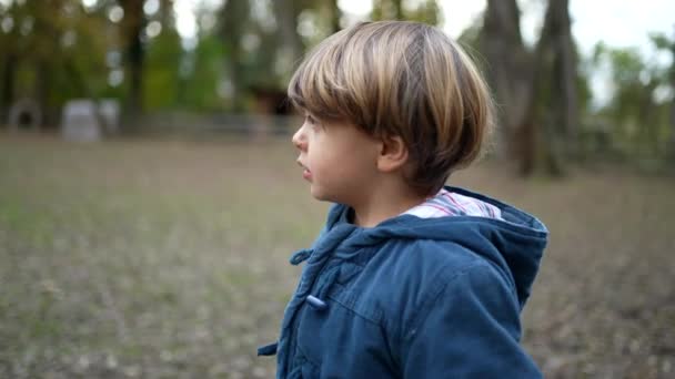 Smutné Zamyšlené Dítě Chodí Podzimním Období Parku Zamyšlené Dítě Skvělé — Stock video