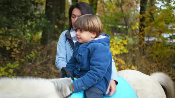 Kleine Jongen Rijdt Pony Met Moeder Naast Hem Avonturenactiviteiten Jeugd — Stockvideo