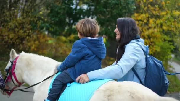 5岁男孩骑着小马 妈妈在秋天的季节提供支持 — 图库视频影像